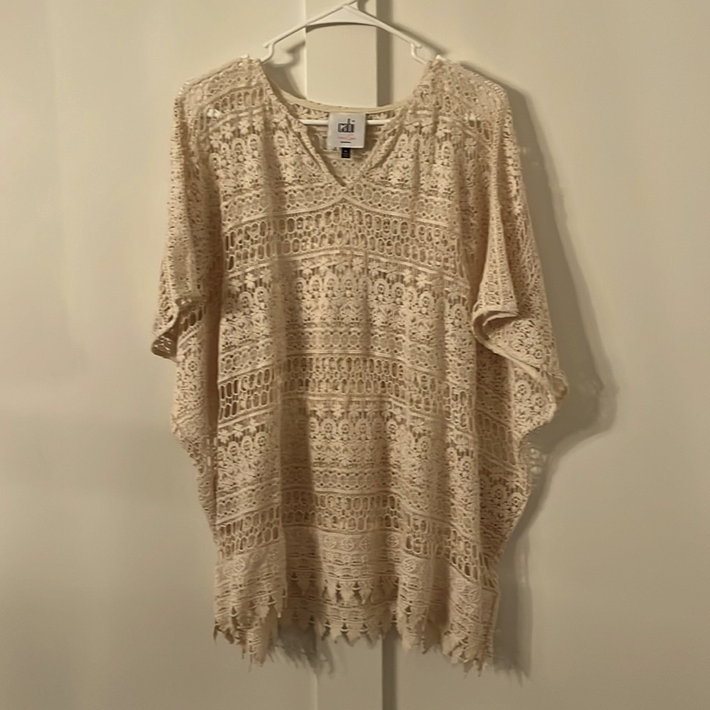 XS CAbi Love Carol Off white/cream open knit crochet top